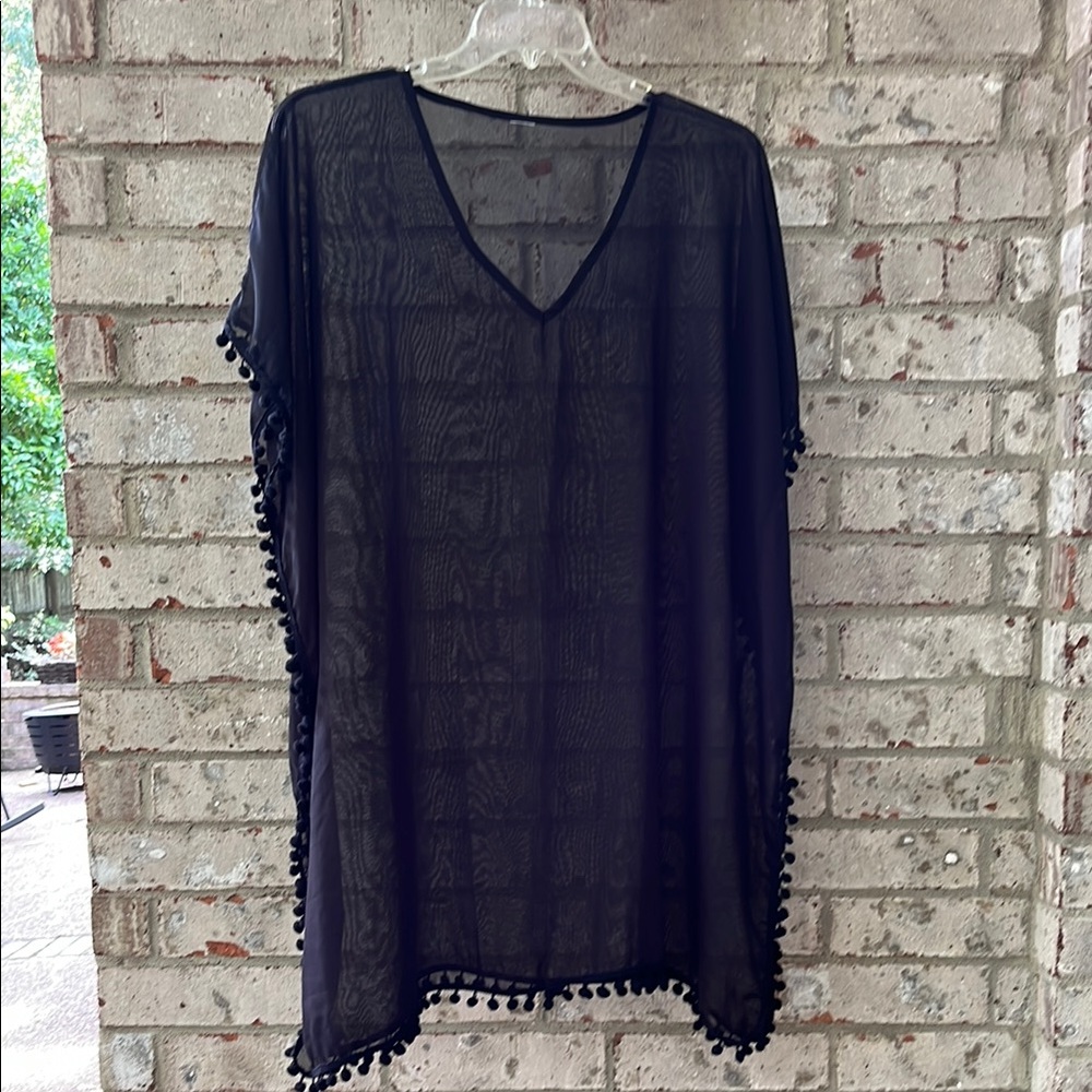 Black Sheer V-Neck Swim Coverup with Pom-Pom Trim